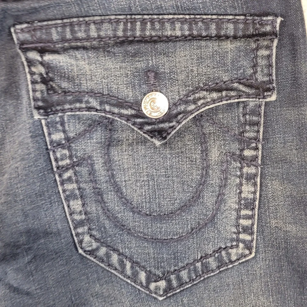 True Religion Geno Relaxed Slim Jeans Mens 34 Dark Wash Denim Whiskered Blue